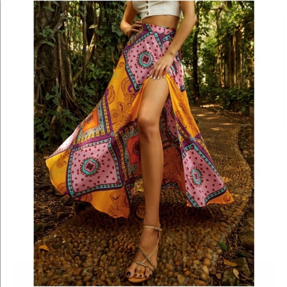 Boho Festival Floral Scarf Print Knot Side Slit Maxi Skirt - Picture 4 of 6